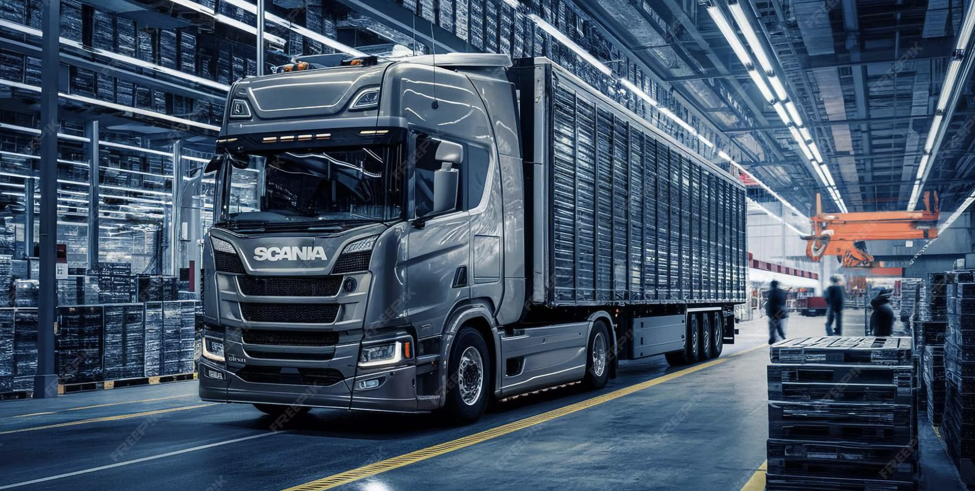 A large truck in a warehouse